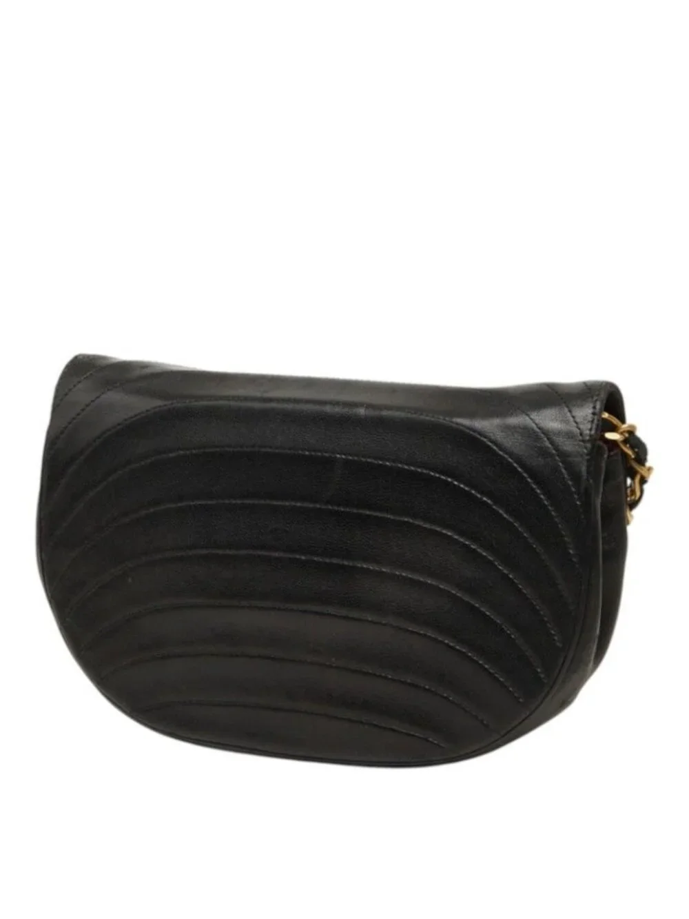 Chanel CC Logo Half Moon Chain Shoulder Bag Black Gold Leather